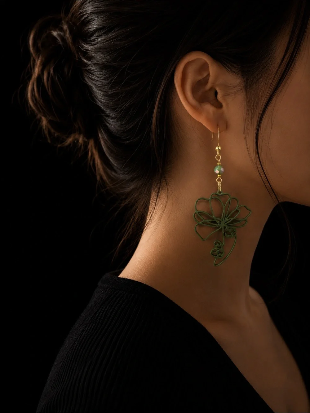 Olive Green Floral Line Art Dangle Earrings